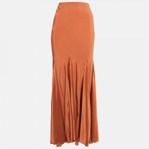 Pre Owned Roberto Cavalli Brown Satin Trim Silk Flared Maxi Skirt S