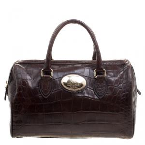 Pre Owned Roberto Cavalli Brown Croc Embossed Leather Boston Bag 