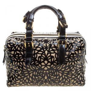 Pre Owned Roberto Cavalli Black Laser Cut Patent Leather Boston Bag