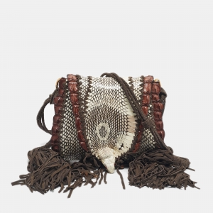 Roberto Cavalli Dark Brown/White Suede, Snakeskin and Crocodile Fringe Crossbody Bag