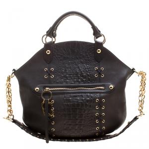 Roberto Cavalli Dark Brown Croc Embossed Leather Tote