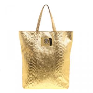 Roberto Cavalli Gold Python Embossed Leather Tote
