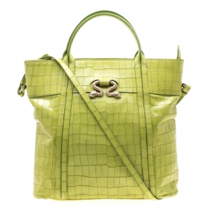 Roberto Cavalli Lime Crocodile Embossed Leather Shopper Tote