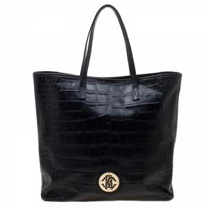 Roberto Cavalli Black Croc Embossed Leather Tote