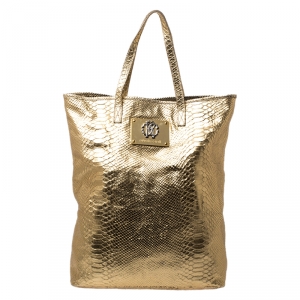 Roberto Cavalli Gold Python Embossed Leather Shopper Tote