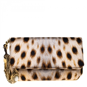 Pre Owned Roberto Cavalli Beige/Black Leopard Print Satin Serpent Bracelet Wristlet Clutch     