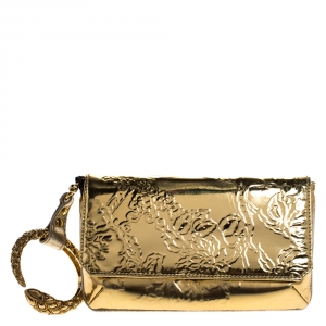 Pre Owned Roberto Cavalli Metallic Gold Patent Leather Serpent Bracelet Wristlet Clutch     