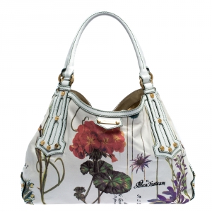 Pre Owned Roberto Cavalli White Floral Print Canvas and Leather Hobo