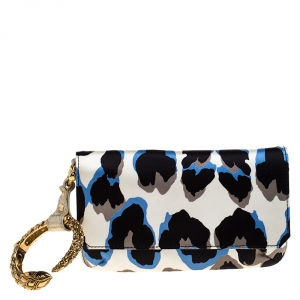 Pre Owned Roberto Cavalli Multicolor Leopard Print Satin and Leather Serpent Wristlet Clutch 
