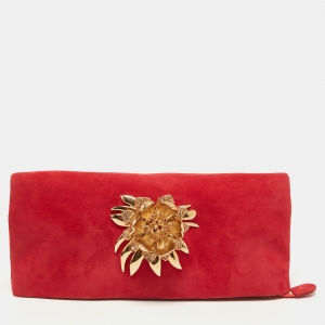 Roberto Cavalli Red Suede Crystal Embellished Metal Flower Foldover Clutch