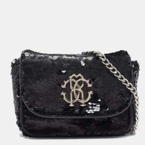 Pre Owned Roberto Cavalli Black Sequins RC Logo Chain Bag
