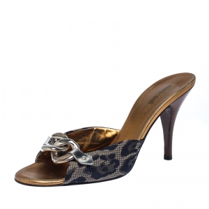 Pre Owned Roberto Cavalli Blue/Beige Canvas Chain Link Slip On Sandals Size 38