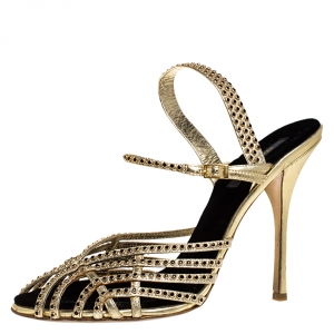 Pre Owned Roberto Cavalli Metallic Gold Leather Studded Strappy Sandals Size 41
