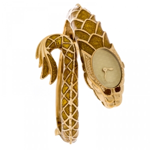 Pre Owned Roberto Cavalli Yellow Gold Plated Stainless Steel Eva Snake 7253126017 Women's Wristwatch 18 mm