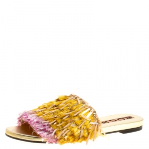 Rochas Multicolor Fringe Embellished Flat Slides Size 39