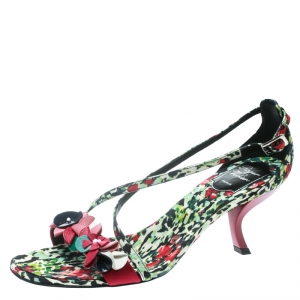 Roger Vivier Multicolor Floral Printed Canvas Cross Strap Sandals Size 38.5
