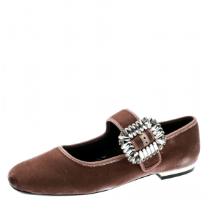 Roger Vivier Blush Pink Velvet Viv Crystal Embellished Buckle Mary Jane Ballet Flats Size 38