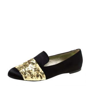 Roger Vivier Black Satin Sequins Embellished Smoking Slippers Size 37.5