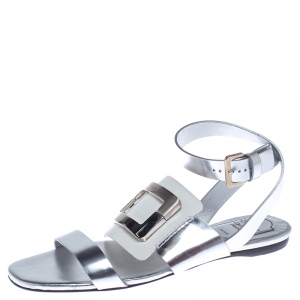 Roger Vivier Metallic Silver/White Leather Chips Embellished Flat Sandals Size 35.5 