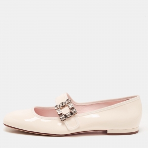 Roger Vivier Cream Patent Viv Crystal Embellished Buckle Mary Jane Ballet Flats Size 41.5