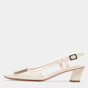 Roger Vivier Cream Patent Leather Belle Vivier 45  Slingback Pumps Size 39.5
