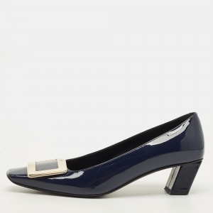 مملوكة مسبقًا Roger Vivier Belle Vivier Size 35.5 Navy Blue Patent Leather Block Heel Pumps