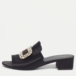 مملوكة مسبقًا Roger Vivier Size 39 Black Satin Crystal Embellished Slide Sandals 