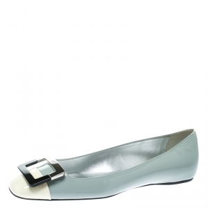 Roger Vivier Grey/Off White Patent Leather Buckle Detail Square Cap Toe Ballet Flats Size 39.5