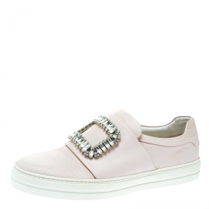 Roger Vivier Blush Pink Leather Sneaky Viv Embellished Slip On Sneakers Size 38.5