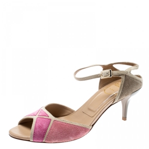 Roger Vivier Pink And Beige Suede Peep Toe Ankle Strap Sandals Size 37