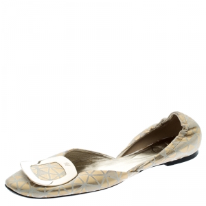 Roger Vivier Metallic Gold Textured Suede Chips Prism D'Orsay Flats Size 37.5