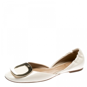 Roger Vivier Cream Patent Leather Chips D'Orsay Buckle Flats Size 37