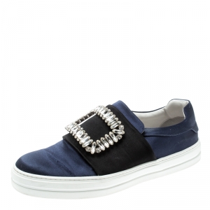 Roger Vivier Blue Satin Sneaky Viv Embellished Slip On Sneakers Size 37