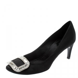 Roger Vivier Black Embellished Satin Limelight Buckle Pumps Size 37