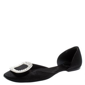 Roger Vivier Black Satin Chips Prism Studded Flats Size 38