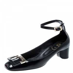 Roger Vivier Black Leather Buckle Detail Ankle Strap Pumps Size 38.5
