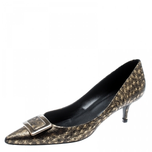 Roger Vivier Black/Gold Textured Leather Pointed Toe Buckle Pumps Size 38