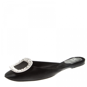 Roger Vivier Black Satin Crystal Embellished Flat Slide Mules Size 36.5
