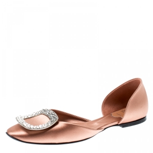 Roger Vivier Dusty Pink Satin Crystal Embellished D'orsay Ballet Flats Size 36