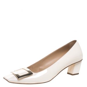 Roger Vivier Off White Patent Leather Square Toe Belle Pumps Size 37