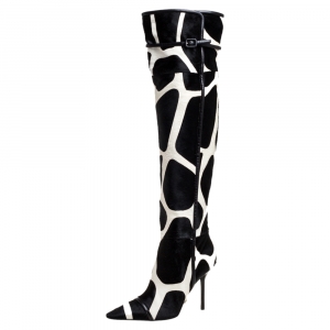 Roger Vivier  Black/White Giraffe Print  Calf Hair And Leather Thigh Length Boots Size 40