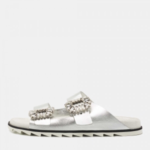 Roger Vivier Grey/Silver Leather and Suede Slidy Viv Slide Flats Size 39