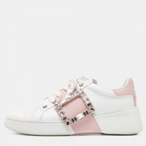 Roger Vivier White/Pink Leather Viv' Skate Crystal Embellished Low Top Sneakers Size 39