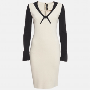 Roland Mouret Cream/Black Wool Blend Long Sleeve Mini Dress M