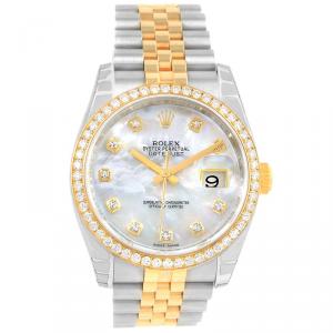 Pre Owned Rolex Mother of Pearl 18K Yellow Gold and Stainless Steel Diamond Datejust Women's Wristwatch 36MM