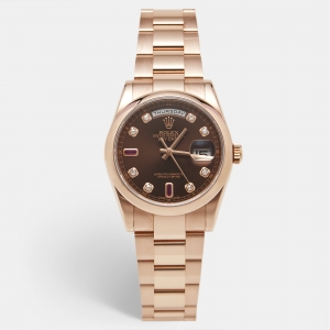 Pre Owned Rolex Day-Date 118205F Chocolate Brown Dial 18K Everose Gold Diamond Ruby Women's Wristwatch 36 mm