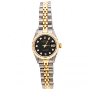 Rolex Black 18K Yellow Gold Stainless Steel Diamonds Datejust 69173 Women's Wristwatch 26 mm