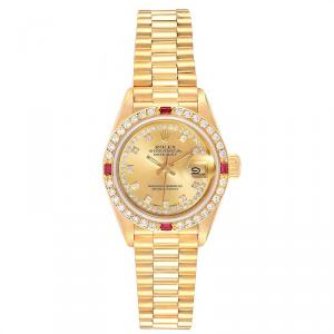Pre Owned Rolex Champagne Diamonds And Ruby 18K Yellow Gold President Datejust 69068 Women's Wristwatch 26 MM
