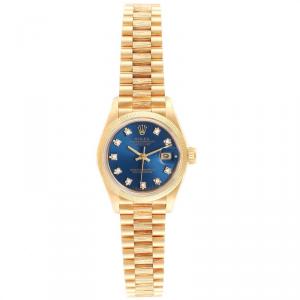 Pre Owned Rolex Blue 18K Yellow Gold and Diamond President Datejust 69278 Women's Wristwatch 26MM