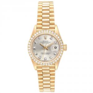 Rolex Silver Diamonds 18K Yellow Gold President Datejust 69138.Women's Wristwatch 26 MM 